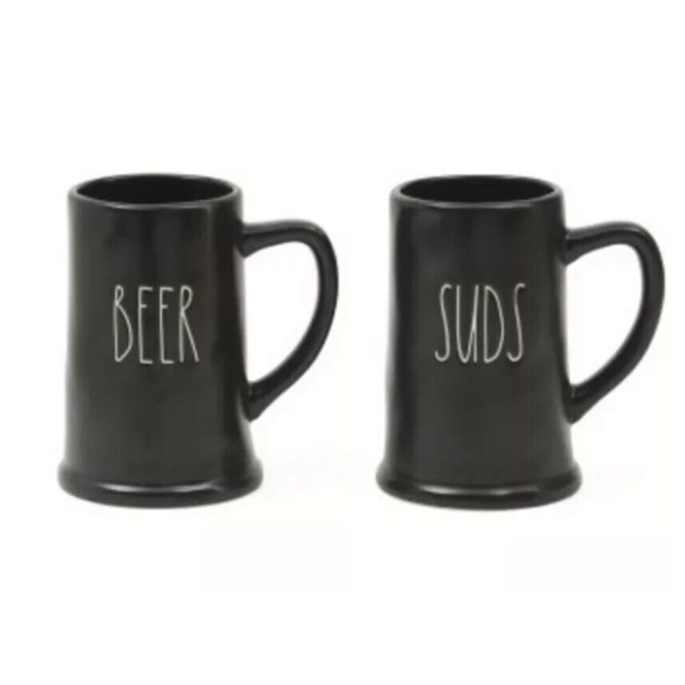 New Rae Dunn 'BEER' & 'SUDS' Black Ceramic Steins Pint Size‎ Mugs